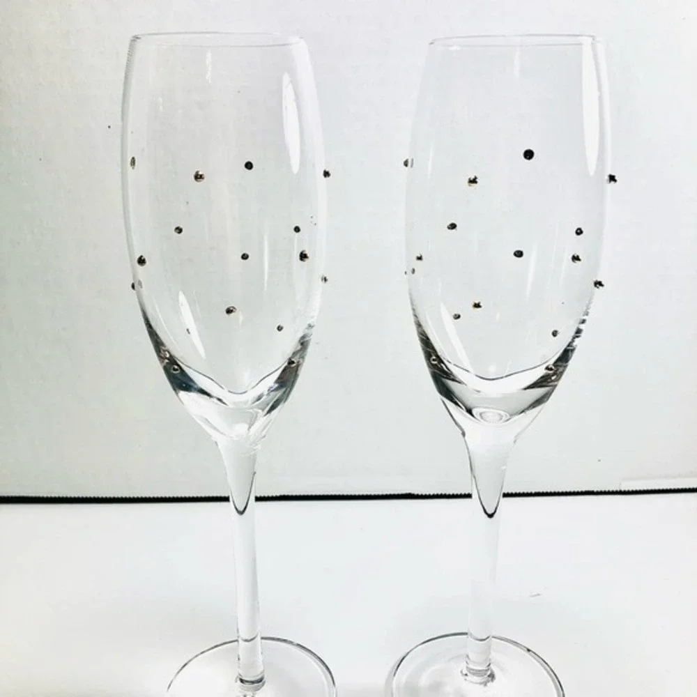 POTTERY BARN Gold studded Pair Of crystal champagne flutes
